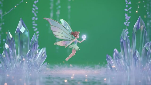 Pixelated Fairy Hovering with Glowing Orb Isolated by Green Screen Surrounded by Jagged Crystals and Light Green Outfit Shimmering Particles