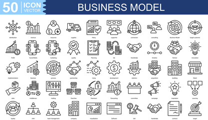 Business Model icon collection set. Containing distribution, revenue, resources, supplies, Policy icon.