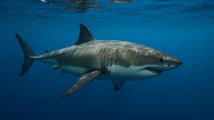 Fototapeta premium Majestic great white Shark Awareness Day an awe-inspiring view of a powerful great white shark swimming gracefully in crystal-clear blue ocean waters