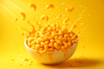 A dynamic and vibrant explosion of macaroni and cheese splashing out of a bowl, celebrating National Mac and Cheese Day