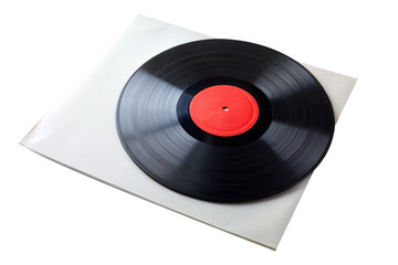 Black Vinyl Record Sliding Out of White Sleeve isolated on Transparent Background