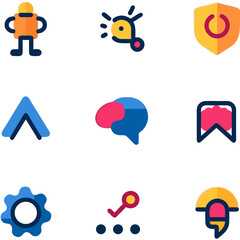 Colorful Flat Design Icons: AI, Security, Ideas, Settings, Innovation & Digital Concepts. Modern UI/UX Elements for Web & Mobile Apps.