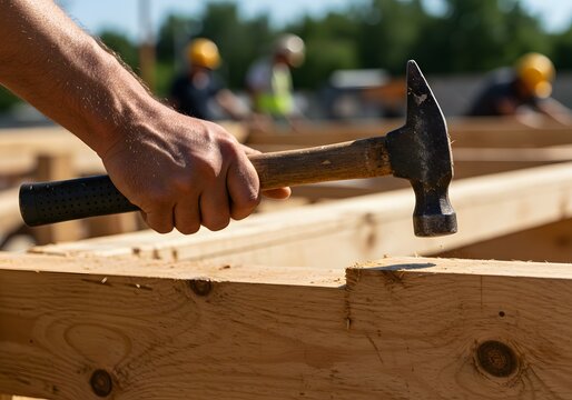 Construction Worker Using Hammer to Nail Wood Beams During Building Project - Powered by Adobe
