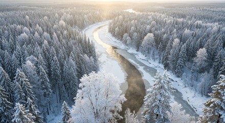 A serene winter landscape showcasing a winding river surrounded by snow-covered trees at sunrise