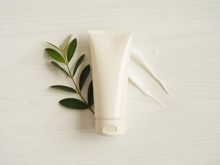 Natural Skincare Product Cream Tube with Olive Branch on Background