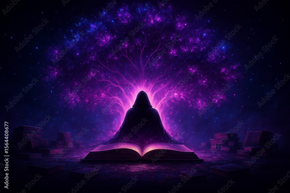 Poster ai generated a cloaked figure sits calmly before an open glowing book as a radiant tree of knowledge