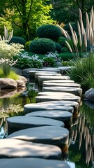 Stepping Stone Path Over Garden Pond with Lush Green Plants and Flowers