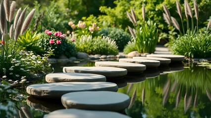 Stepping Stones Across Garden Pond with Lush Greenery and Flowers