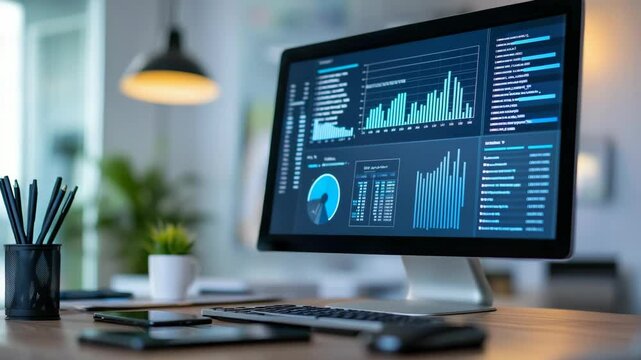 Data analysis workspace showcasing modern technology and productivity tools in a bright office setting