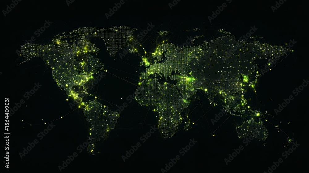 Poster glowing green world map with interconnected nodes representing global network.