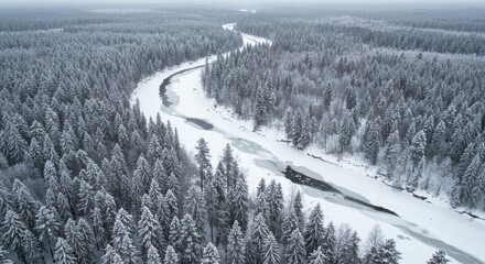Aerial view of a winding river surrounded by snow-covered trees in a tranquil winter landscape
