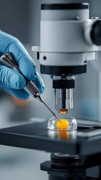 Microscope laboratory experiment with blue gloves manipulating yellow dinosaur egg for cloning and DNA research by scientist in lab setting