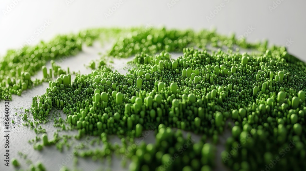 Poster close-up of a textured surface with numerous small, green, three-dimensional spheres.