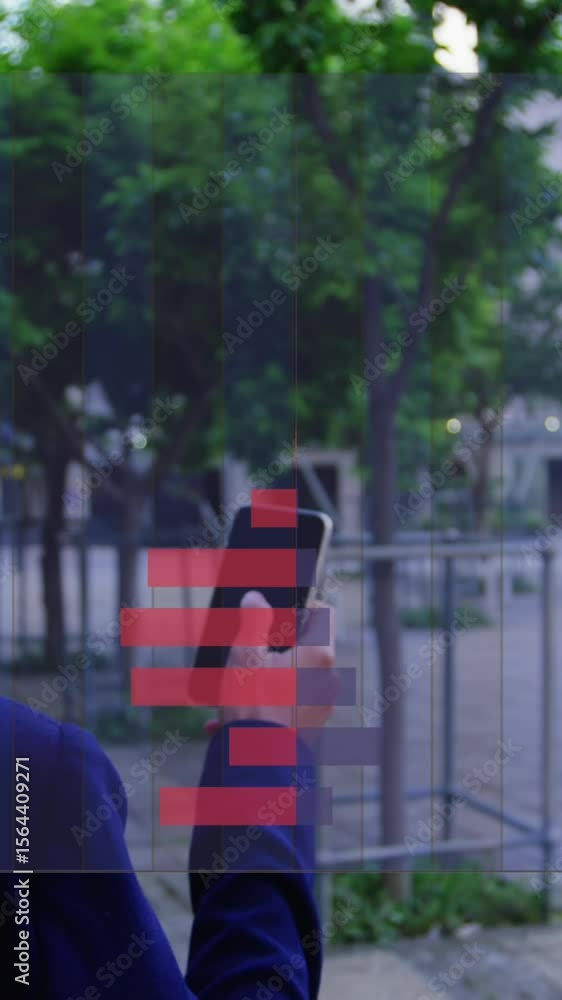 Poster animation of data processing over businesswoman using smartphone