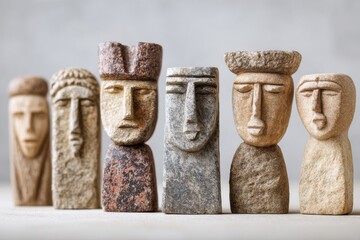 Collection of unique stone sculptures depicting abstract human faces, showcasing various textures and colors, arranged in a line on a neutral background, emphasizing artistic craftsmanship