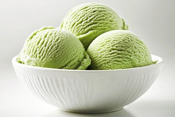 Pistachio Ice Cream Scoops in Bowl, Three Balls of Green Sherbet, Frozen Dessert