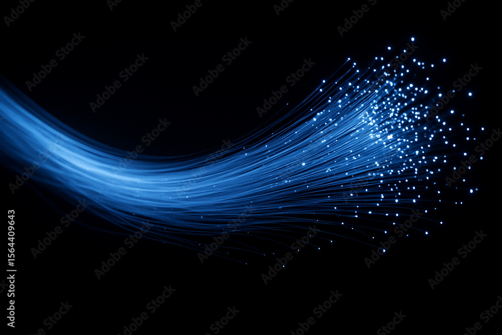 Poster ai generated image showing glowing fiber optic strands flowing across a dark background symbolizing 