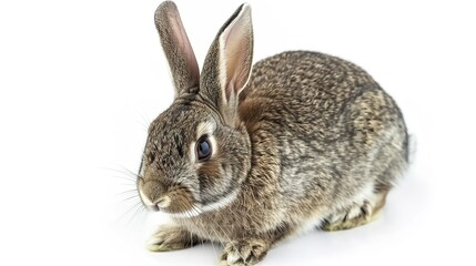 Fototapeta premium A grey rabbit stands alone on a spotless white background, presenting a simple yet charming animal - related scene that showcases the soft fur and gentle posture of the grey rabbit.