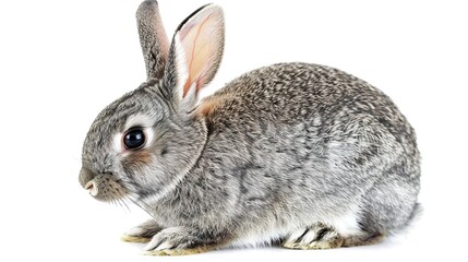 Fototapeta premium A grey rabbit stands alone on a spotless white background, presenting a simple yet charming animal - related scene that showcases the soft fur and gentle posture of the grey rabbit.