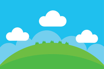 Fototapeta premium Cartoon Nature Landscape Green Hill, Blue Sky, and White Clouds, an excellent illustration perfect for children's book and website.