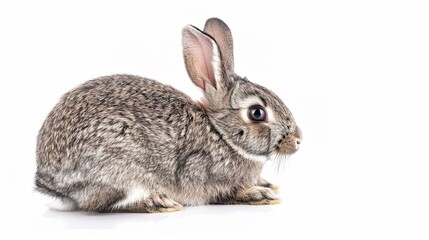 Fototapeta premium A grey rabbit stands alone on a spotless white background, presenting a simple yet charming animal - related scene that showcases the soft fur and gentle posture of the grey rabbit.