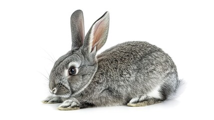 Fototapeta premium A grey rabbit stands alone on a spotless white background, presenting a simple yet charming animal - related scene that showcases the soft fur and gentle posture of the grey rabbit.