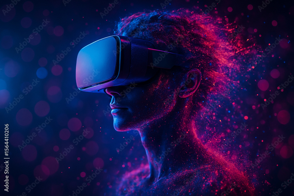 Poster ai generated digital artwork showing a side view of a human immersed in virtual reality wearing a fu