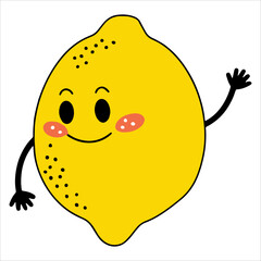 Happy lemon emoticon with cute face. Funny citrus character ideal for juice packaging and cheerful foodie designs.