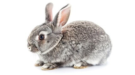 Fototapeta premium A grey rabbit stands alone on a spotless white background, presenting a simple yet charming animal - related scene that showcases the soft fur and gentle posture of the grey rabbit.