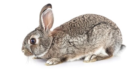 Fototapeta premium A grey rabbit stands alone on a spotless white background, presenting a simple yet charming animal - related scene that showcases the soft fur and gentle posture of the grey rabbit.