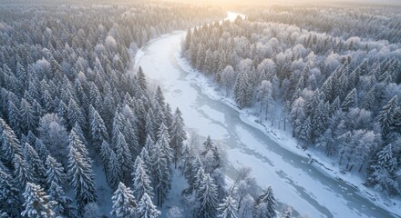 Aerial view of a snow-covered forest with a winding river at sunrise, showcasing winter tranquility