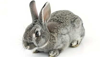 Naklejka premium A grey rabbit stands alone on a spotless white background, presenting a simple yet charming animal - related scene that showcases the soft fur and gentle posture of the grey rabbit.