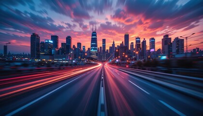 Obraz premium Asphalt Road Leading to Futuristic City Skyline at Dawn, skyline glows at sunset, with vibrant colors and streaks of car lights illuminating the road ahead 