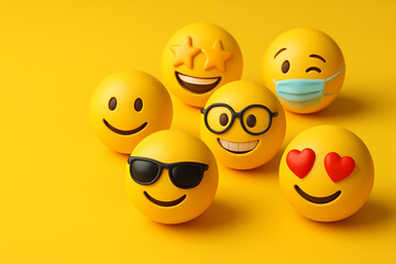 Emoji expressions showcase on world emoji day, a collection of diverse yellow smiley faces with various accessories like sunglasses, medical mask, and glasses on a vibrant yellow background