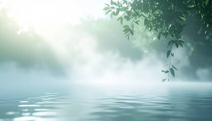 朝の森と水面に射し込む光の自然背景