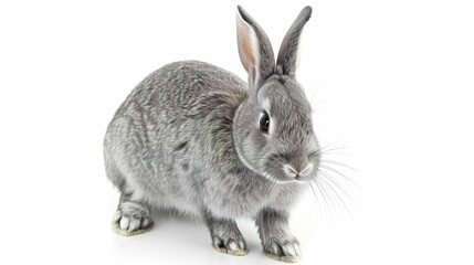A grey rabbit stands alone on a spotless white background, presenting a simple yet charming animal - related scene that showcases the soft fur and gentle posture of the grey rabbit.