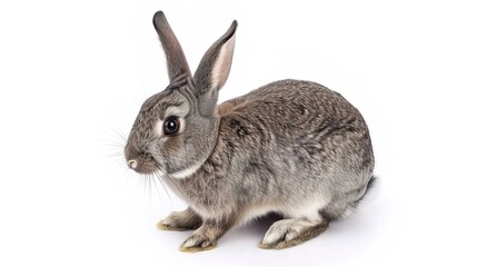 Fototapeta premium A grey rabbit stands alone on a spotless white background, presenting a simple yet charming animal - related scene that showcases the soft fur and gentle posture of the grey rabbit.