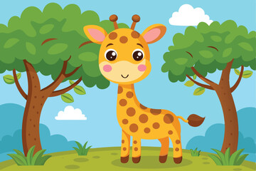Cute Giraffe Cartoon Character in a Green Forest Landscape Illustration