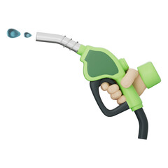 Green fuel pump with hand holding eco friendly liquid energy for clean transport vehicle future power reduce emission zero gas bio oil drop flow charge drive engine car global symbol icon care