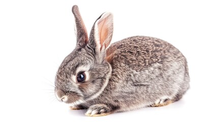 Fototapeta premium A grey rabbit stands alone on a spotless white background, presenting a simple yet charming animal - related scene that showcases the soft fur and gentle posture of the grey rabbit.
