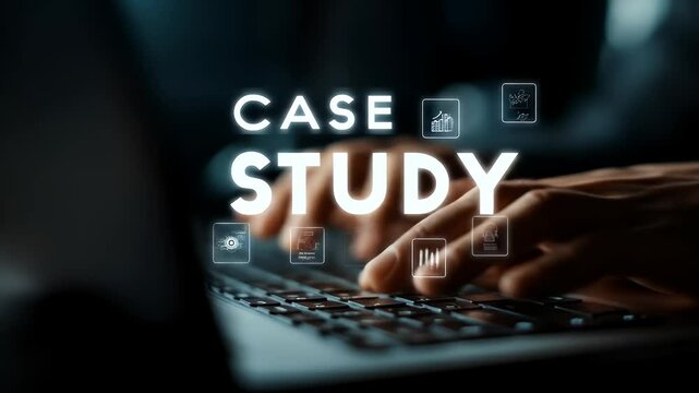 Hands Typing on Laptop with Case Study Text Overlay in Dark Ambient Lighting with Geometric Iconography Overlay