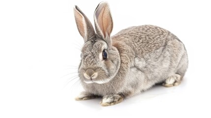 A grey rabbit stands alone on a spotless white background, presenting a simple yet charming animal - related scene that showcases the soft fur and gentle posture of the grey rabbit.
