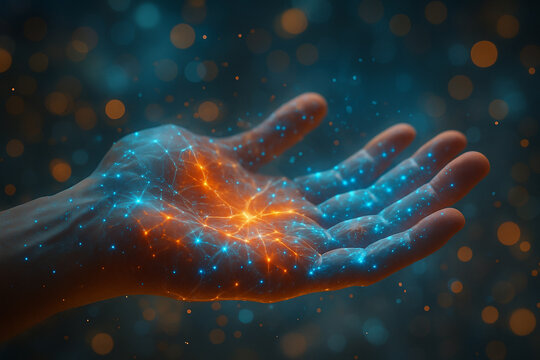 AI generated abstract digital art showing an open human hand infused with glowing blue and orange particles representing the fusion of biological form and digital energy in a futuristic context