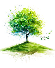 Watercolor Tree on Green Hill Birds Flying