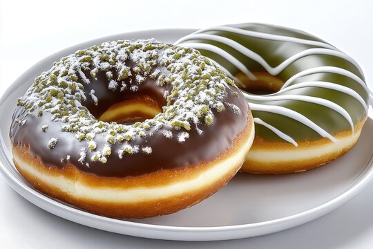 Two donuts with chocolate matcha glaze and white icing stripes on a white plate