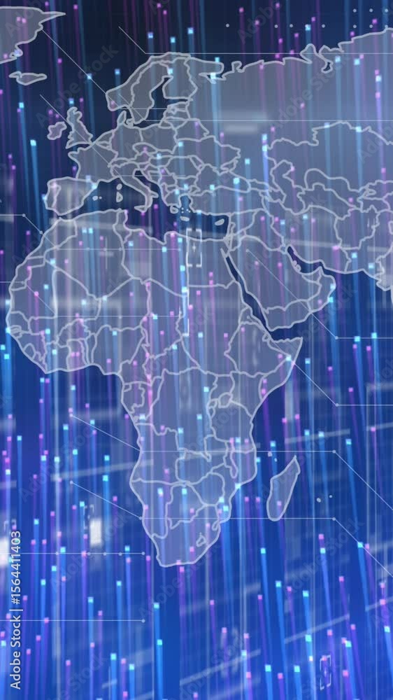 Poster animation of light trails over world map with data processing on black background