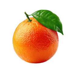 Perfectly Ripe Orange with a Vibrant Green Leaf Attached on Transparent Background