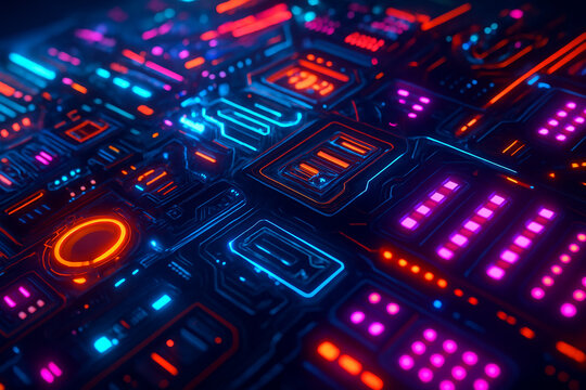 AI generated image of a glowing futuristic dashboard interface with neon lights and abstract data circuits depicting advanced control systems in a sci fi environment