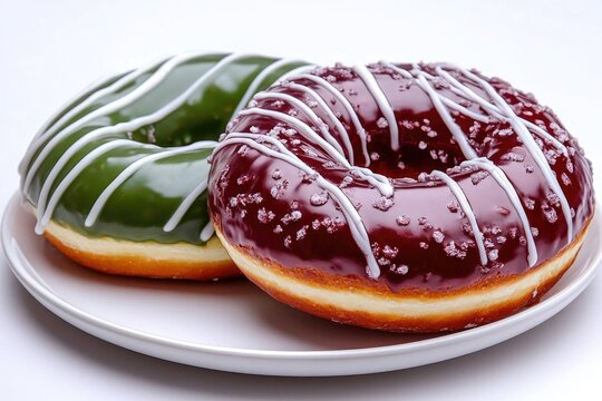 Two donuts, chocolate glazed with white sprinkles and matcha glaze on white plate