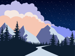Minimalist Flat Style Vector Illustration With Contrasting Pastel Color Palette, Featuring Snowy Mountains, Rows Of Dark Pine Trees, Winding Road In The Middle, Starry Night Sky
